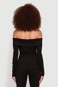 Womens Haute Monde Fold Over Off The Shoulder Long Sleeve Blouse, Black, Size S