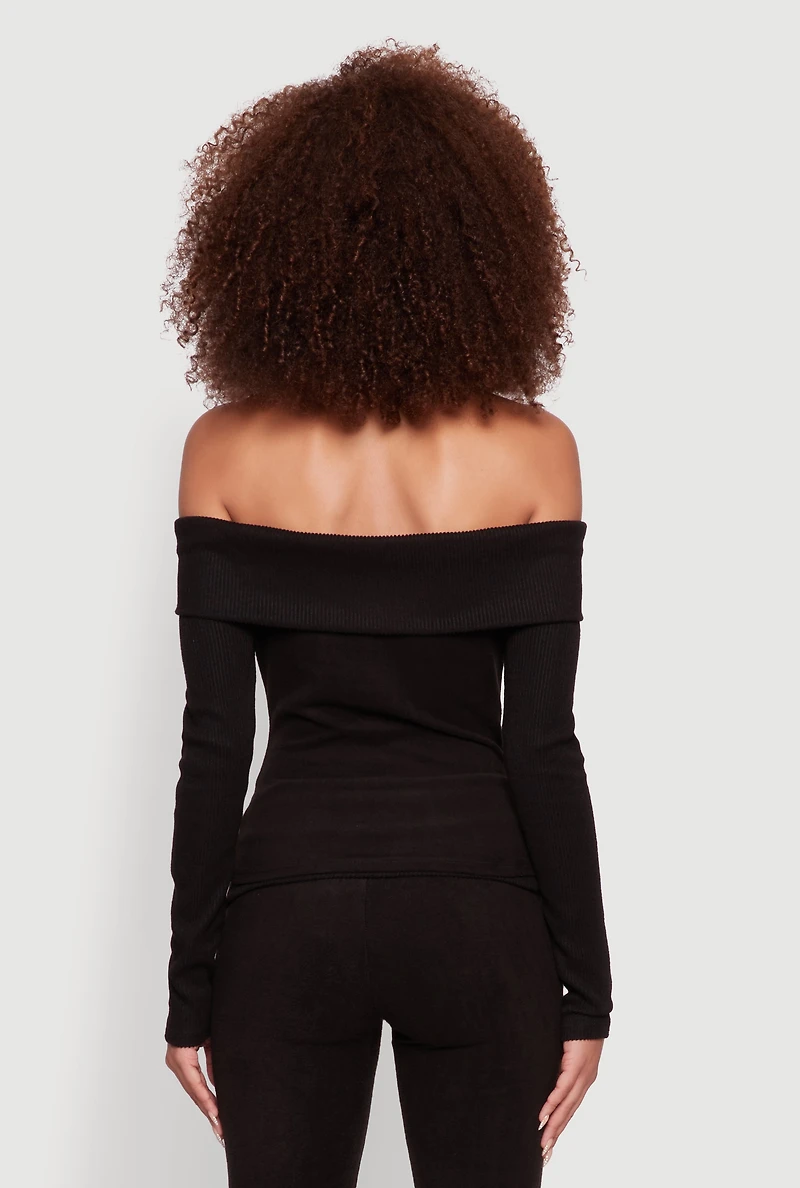 Womens Haute Monde Fold Over Off The Shoulder Long Sleeve Blouse, Black, Size M