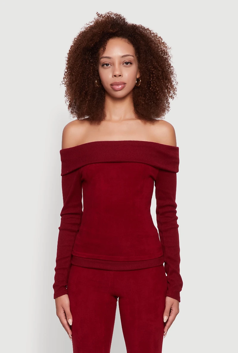 Womens Haute Monde Fold Over Off The Shoulder Long Sleeve Blouse, Burgundy, Size S