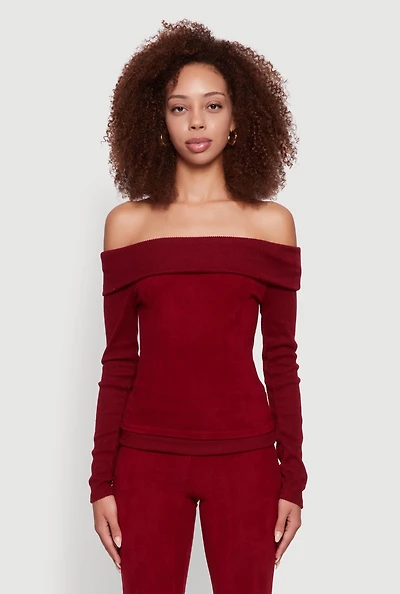 Womens Haute Monde Fold Over Off The Shoulder Long Sleeve Blouse, Burgundy, Size S