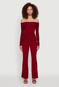 Womens Haute Monde Fold Over Off The Shoulder Long Sleeve Blouse, Burgundy, Size S
