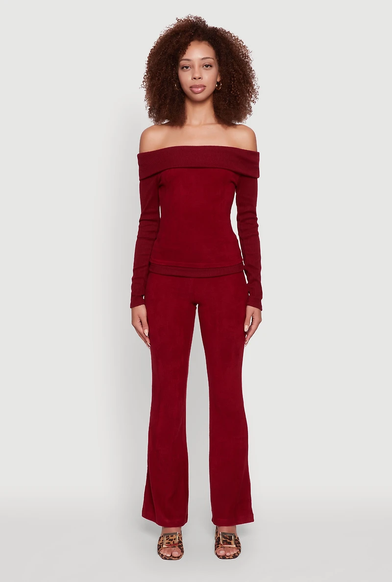 Womens Haute Monde Fold Over Off The Shoulder Long Sleeve Blouse, Burgundy, Size L