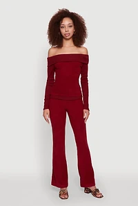 Womens Haute Monde Fold Over Off The Shoulder Long Sleeve Blouse, Burgundy, Size S