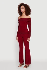 Womens Haute Monde Fold Over Off The Shoulder Long Sleeve Blouse, Burgundy, Size S