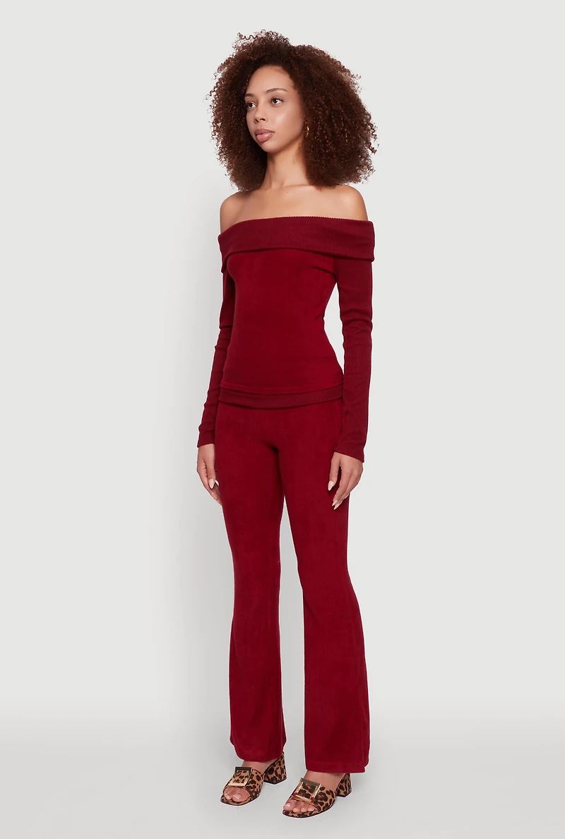 Womens Haute Monde Fold Over Off The Shoulder Long Sleeve Blouse, Burgundy, Size L