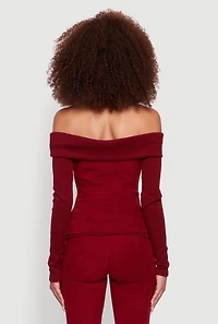 Womens Haute Monde Fold Over Off The Shoulder Long Sleeve Blouse, Burgundy, Size S