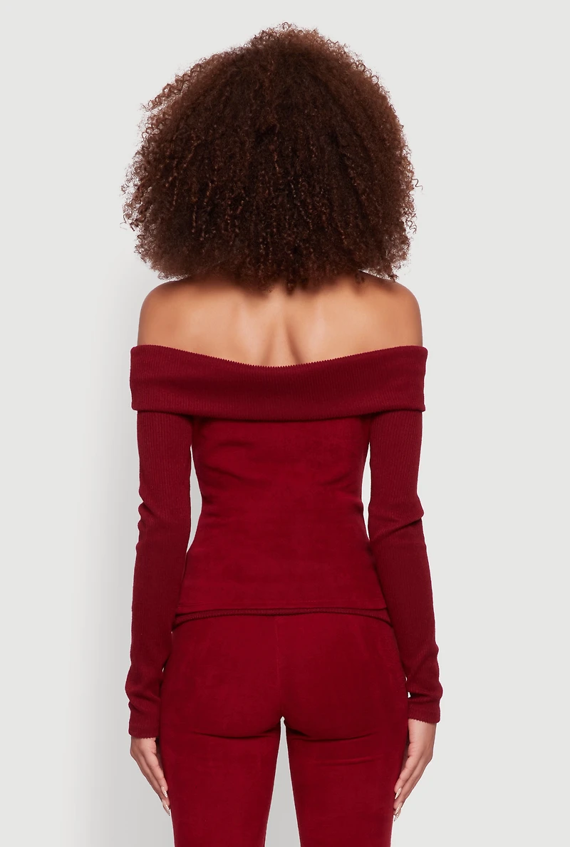 Womens Haute Monde Fold Over Off The Shoulder Long Sleeve Blouse, Burgundy, Size L