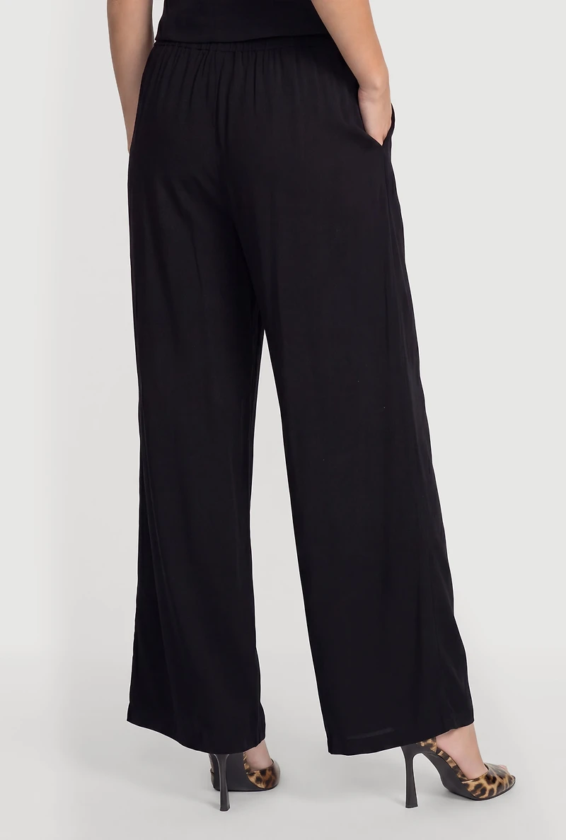 Linen Drawstring Waist Wide Leg Pants