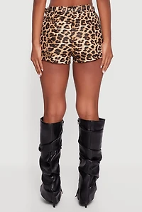 Womens Faux Leather Belted Animal Print Micro Shorts, Brown, Size S