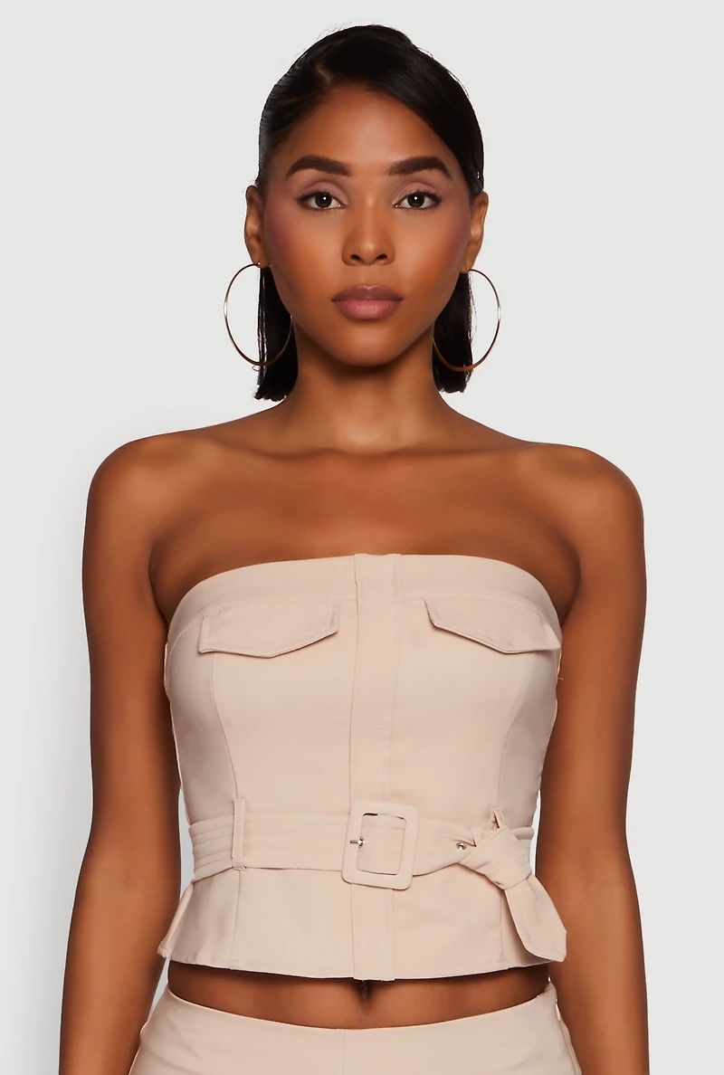 Womens Haute Monde Flap Detail Belted Cropped Tube Top, Beige, Size L