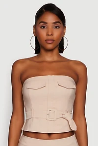 Womens Haute Monde Flap Detail Belted Cropped Tube Top, Beige, Size L