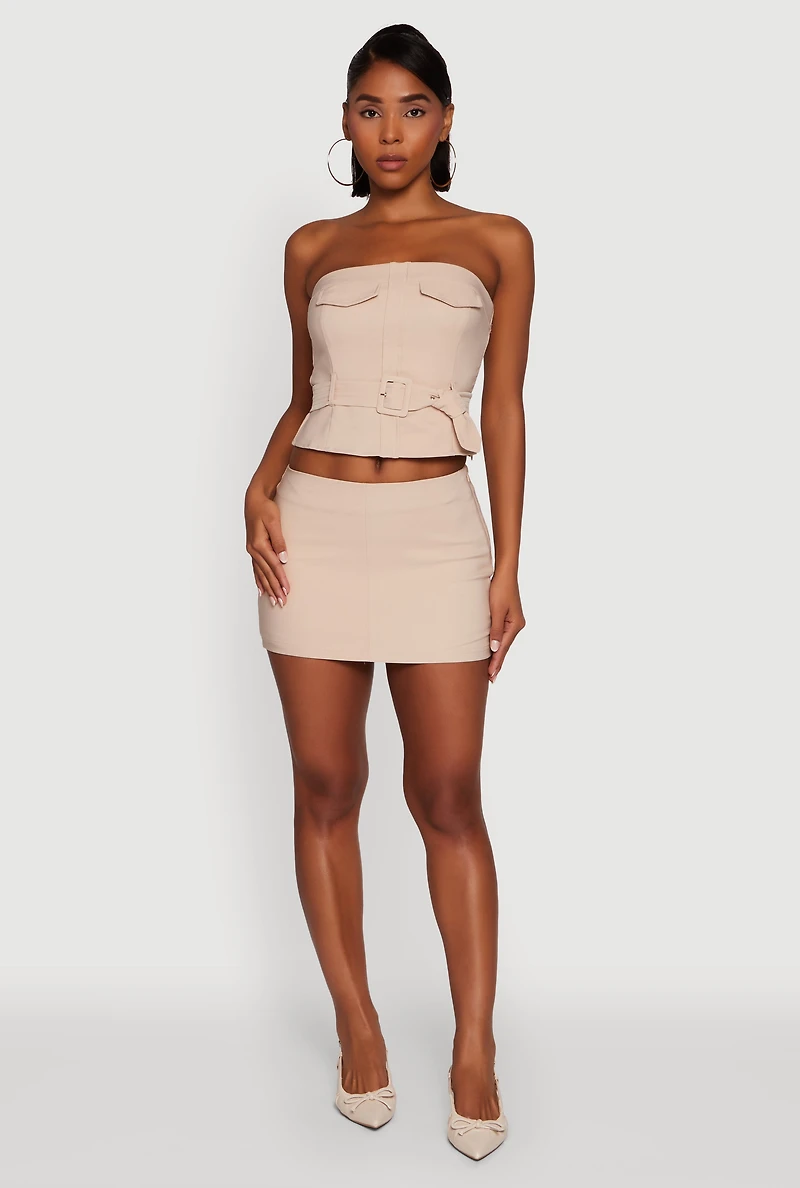 Womens Haute Monde Flap Detail Belted Cropped Tube Top, Beige, Size L