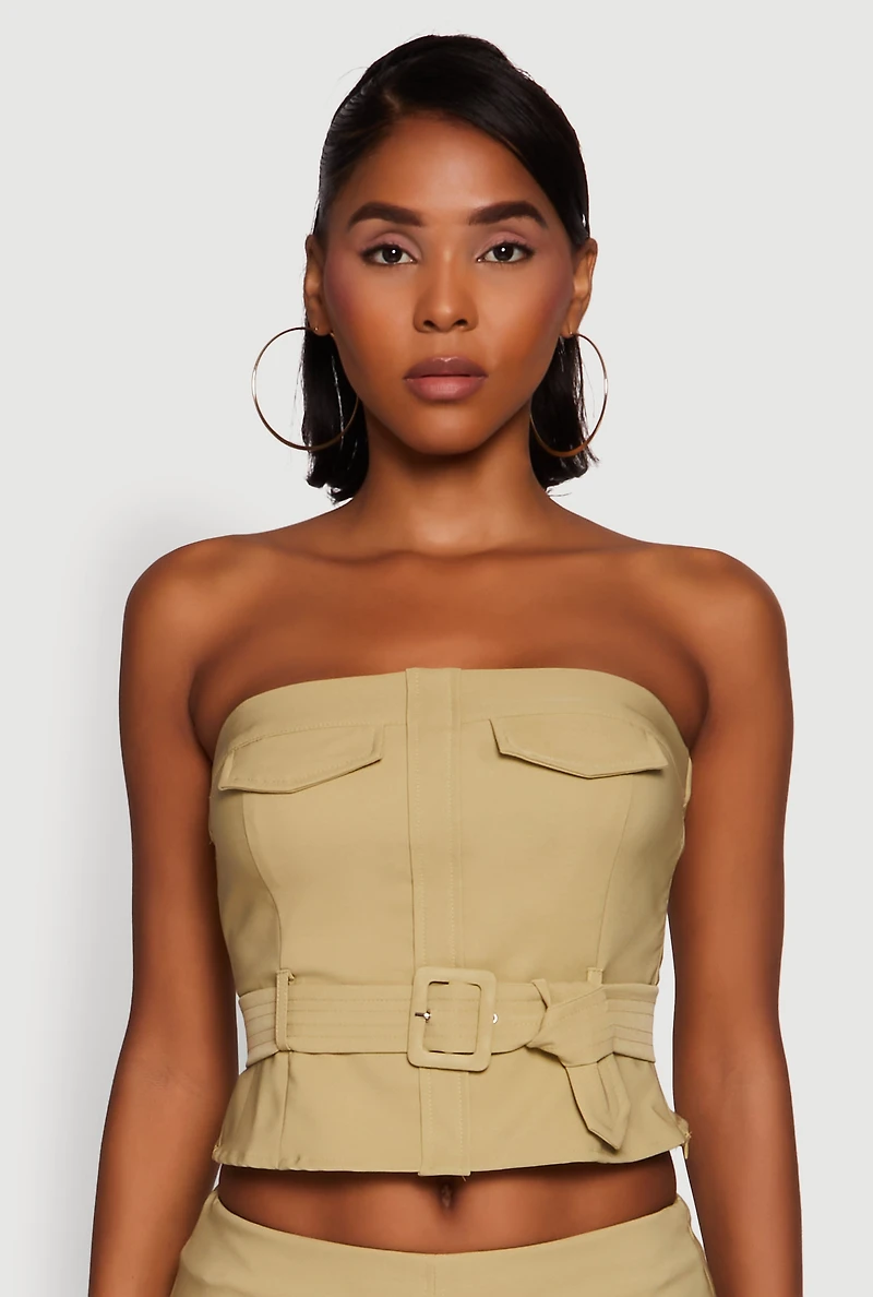 Womens Haute Monde Flap Detail Belted Cropped Tube Top, Green, Size S