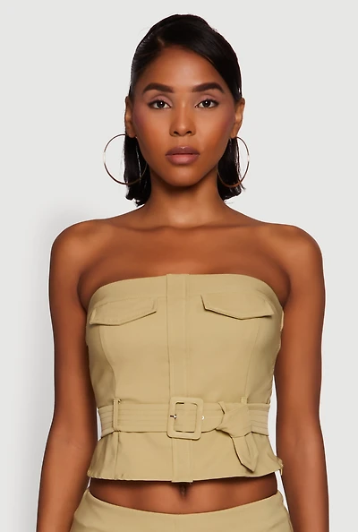 Womens Haute Monde Flap Detail Belted Cropped Tube Top, Green, Size S
