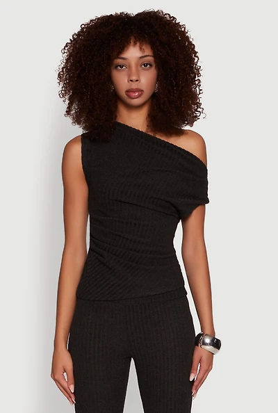 Womens Ribbed Knit Solid One Shoulder Blouse, Grey, Size S