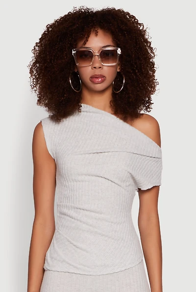Womens Ribbed Knit Solid One Shoulder Blouse, Grey, Size L