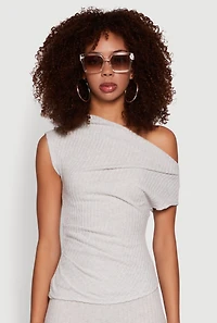 Womens Ribbed Knit Solid One Shoulder Blouse, Grey, Size L