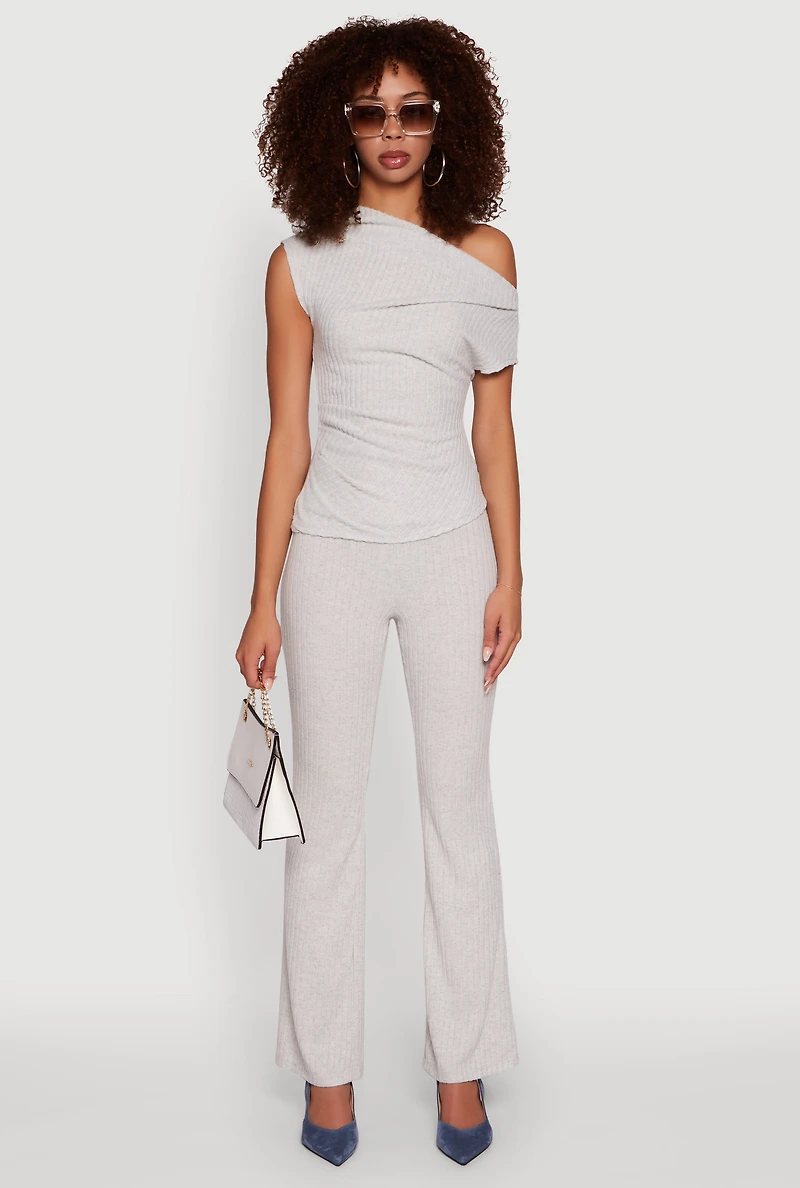 Womens Ribbed Knit Solid One Shoulder Blouse, Grey, Size L