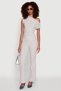 Womens Ribbed Knit Solid One Shoulder Blouse, Grey, Size L