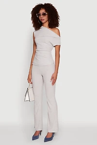 Ribbed Knit Solid One Shoulder Blouse