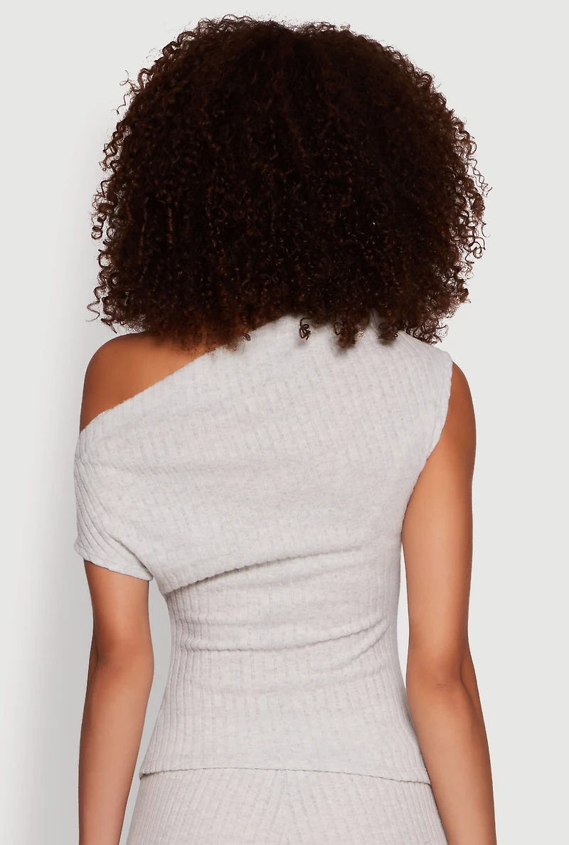 Womens Ribbed Knit Solid One Shoulder Blouse, Grey, Size L
