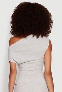 Womens Ribbed Knit Solid One Shoulder Blouse, Grey, Size L
