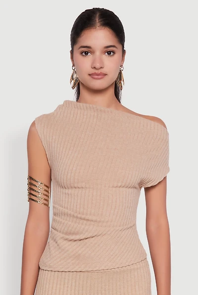Womens Ribbed Knit Solid One Shoulder Blouse,