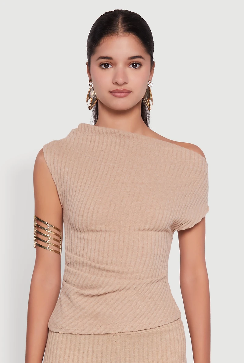 Womens Ribbed Knit Solid One Shoulder Blouse, Beige, Size L