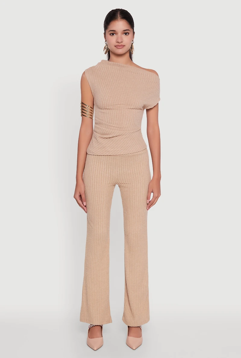 Womens Ribbed Knit Solid One Shoulder Blouse,