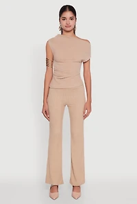 Womens Ribbed Knit Solid One Shoulder Blouse,