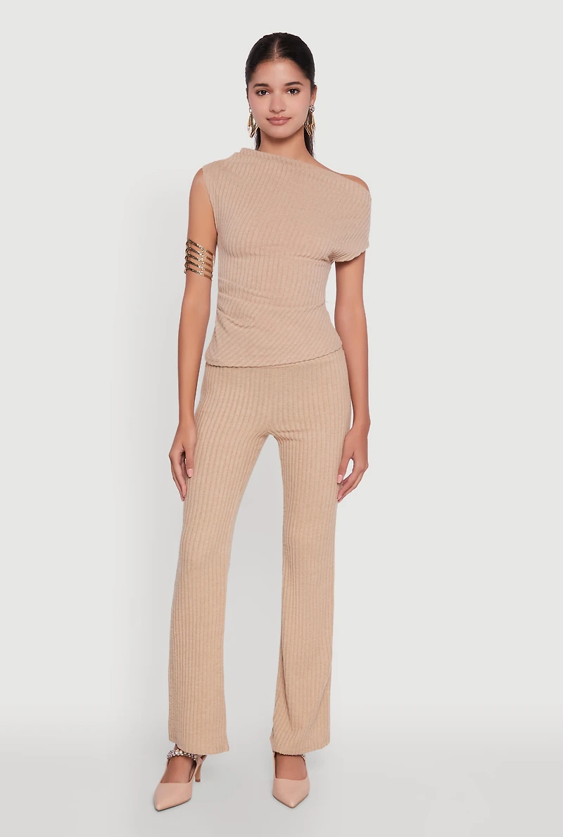 Womens Ribbed Knit Solid One Shoulder Blouse, Beige, Size L