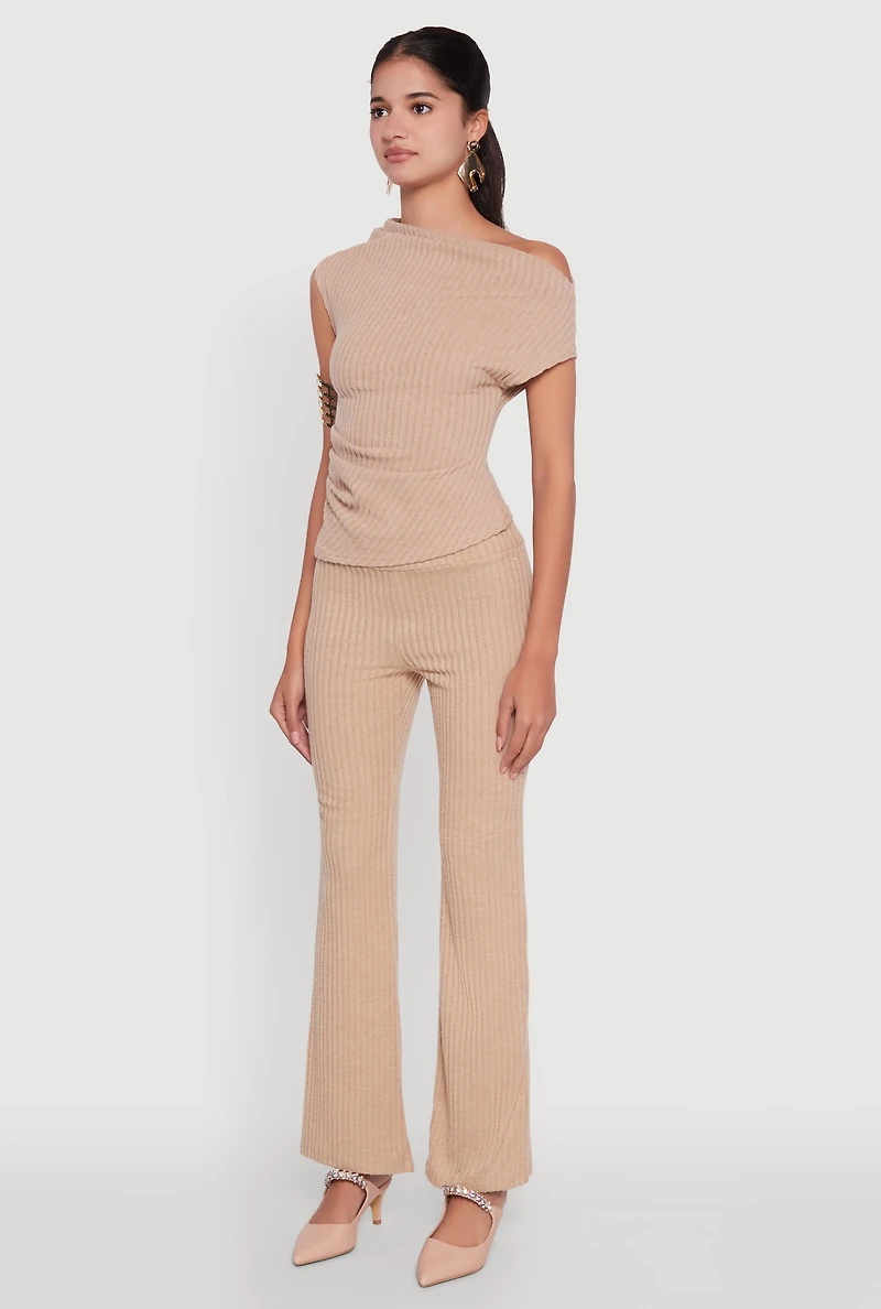 Womens Ribbed Knit Solid One Shoulder Blouse, Beige, Size L