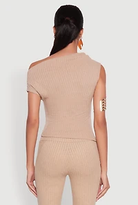 Womens Ribbed Knit Solid One Shoulder Blouse, Beige, Size L