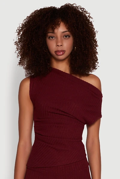 Womens Ribbed Knit Solid One Shoulder Blouse,