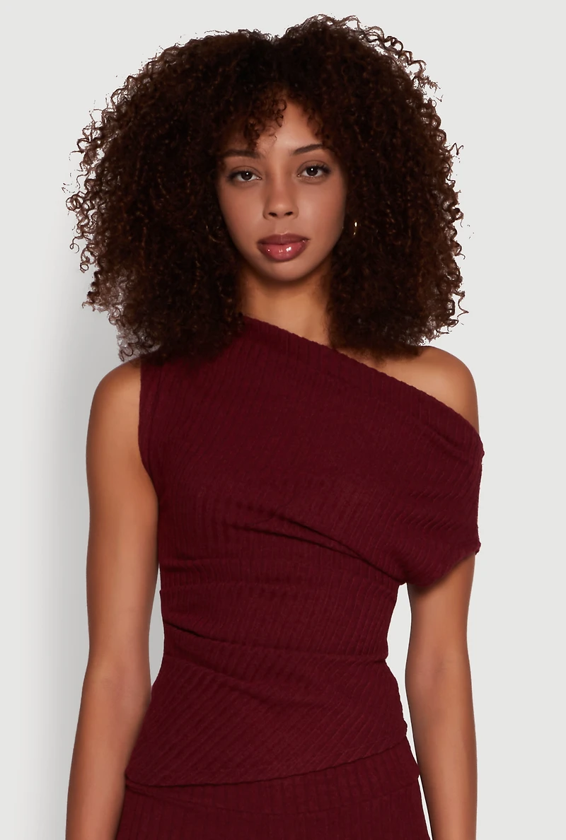 Ribbed Knit Solid One Shoulder Blouse