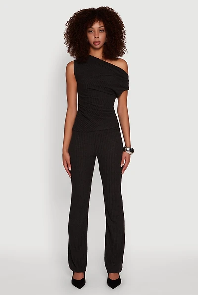 Ribbed Knit Solid Straight Leg Casual Pants