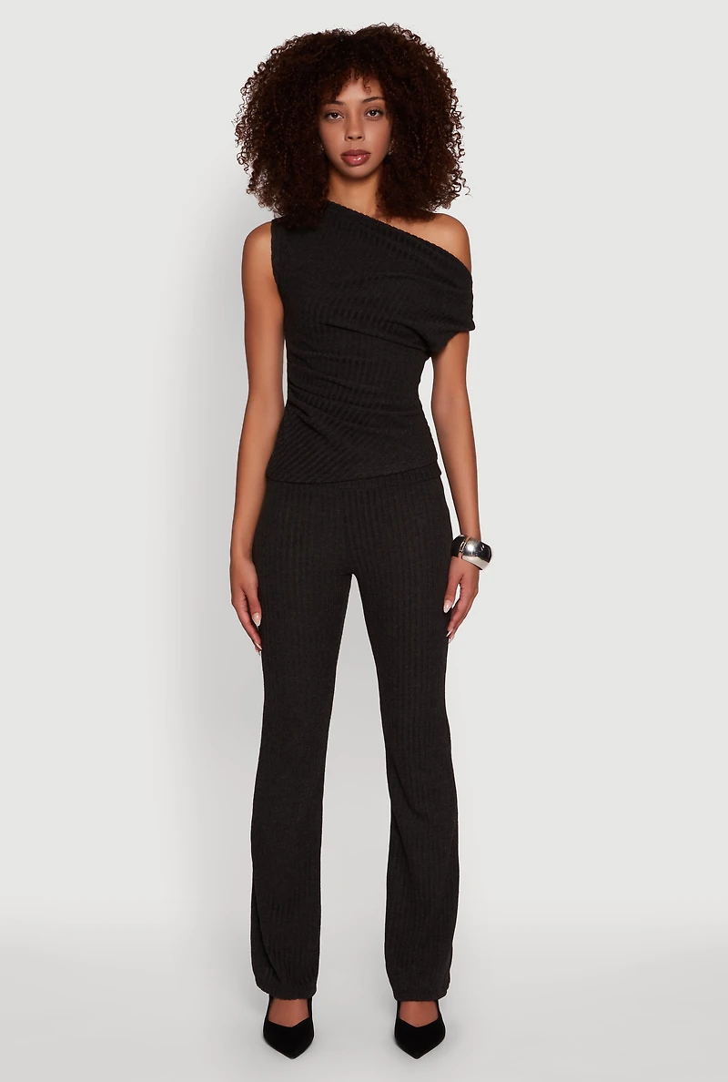 Ribbed Knit Solid Straight Leg Casual Pants