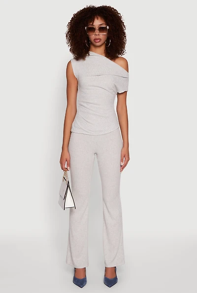 Womens Ribbed Knit Solid Straight Leg Casual Pants, M