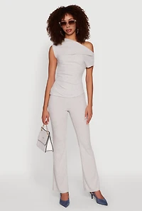 Womens Ribbed Knit Solid Straight Leg Casual Pants, Grey, Size M