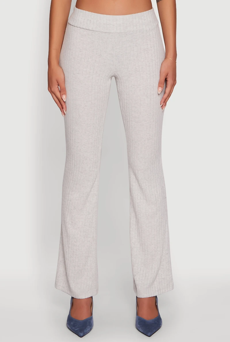 Womens Ribbed Knit Solid Straight Leg Casual Pants, Grey, Size M