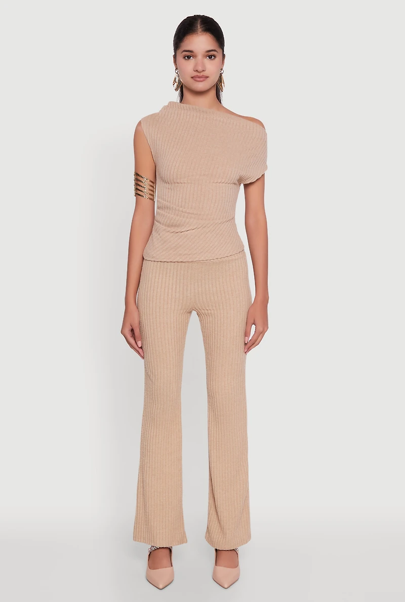 Womens Ribbed Knit Solid Straight Leg Casual Pants, Khaki, Size L
