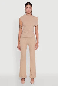 Womens Ribbed Knit Solid Straight Leg Casual Pants, Khaki, Size L