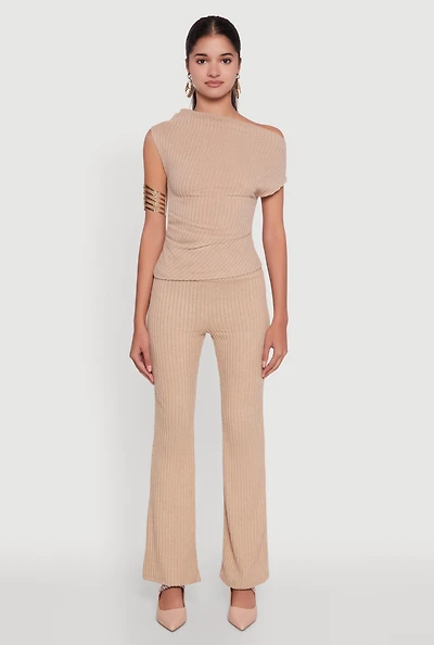 Womens Ribbed Knit Solid Straight Leg Casual Pants, Khaki, Size S