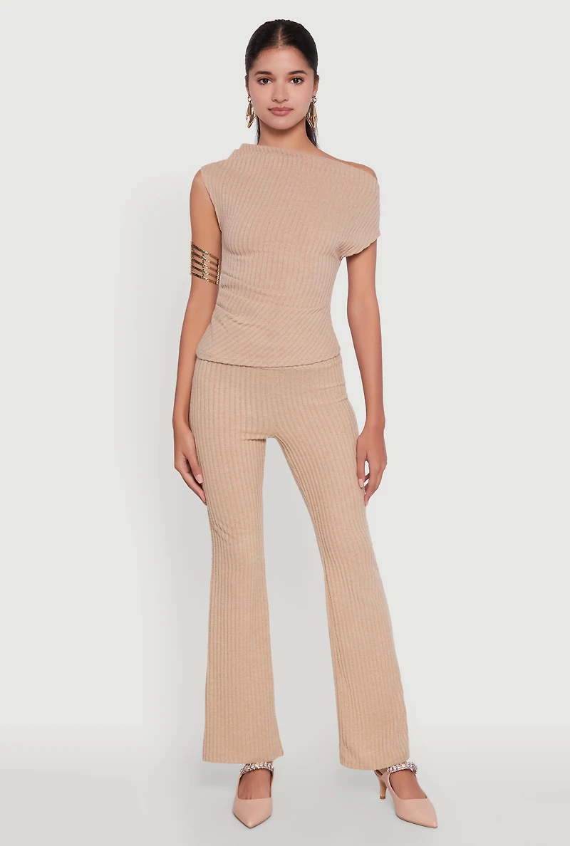Womens Ribbed Knit Solid Straight Leg Casual Pants, Khaki, Size L