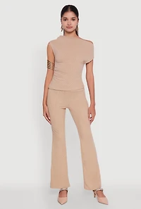 Womens Ribbed Knit Solid Straight Leg Casual Pants, Khaki, Size L
