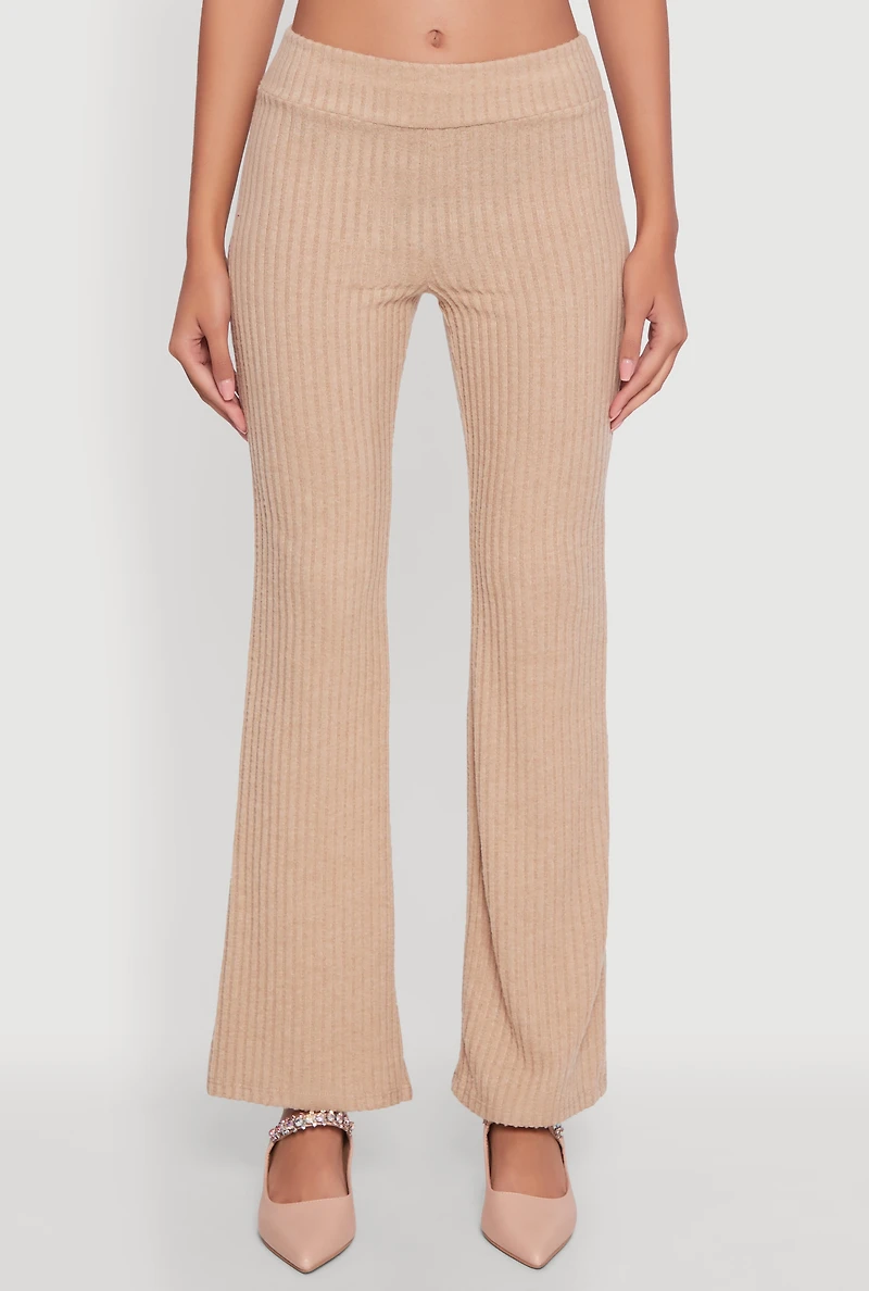 Womens Ribbed Knit Solid Straight Leg Casual Pants, Khaki, Size L
