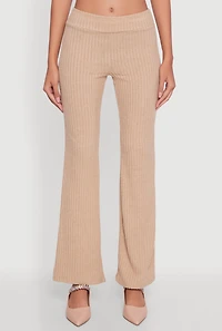 Womens Ribbed Knit Solid Straight Leg Casual Pants, Khaki, Size L