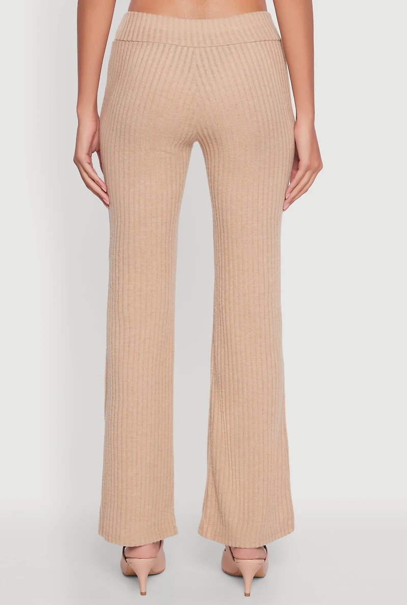 Womens Ribbed Knit Solid Straight Leg Casual Pants, Khaki, Size L