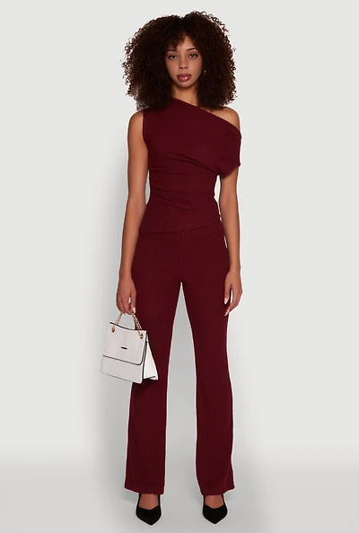 Womens Ribbed Knit Solid Straight Leg Casual Pants, Burgundy, Size M