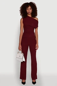 Womens Ribbed Knit Solid Straight Leg Casual Pants, Burgundy, Size M